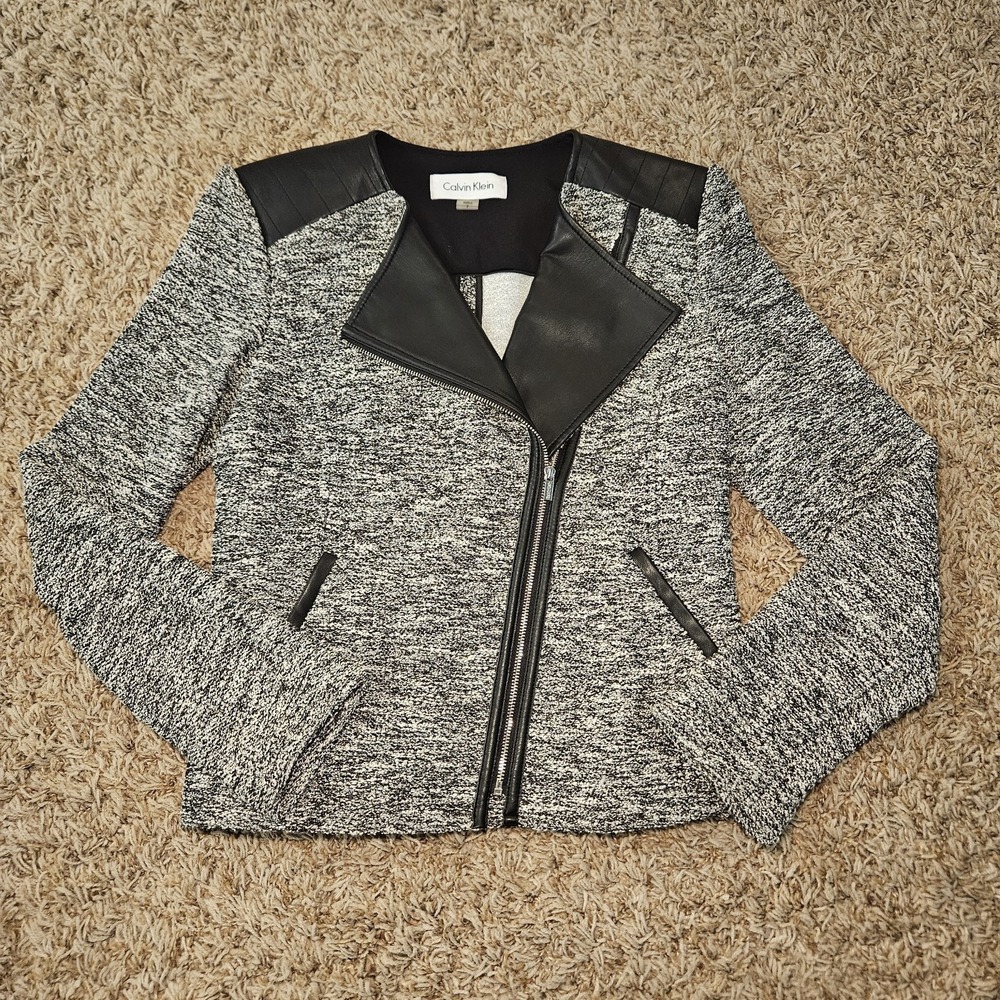 Calvin Klein Size 2 Womens Marled Knit Asymmetric Zip Jacket Black &‎ White Moto